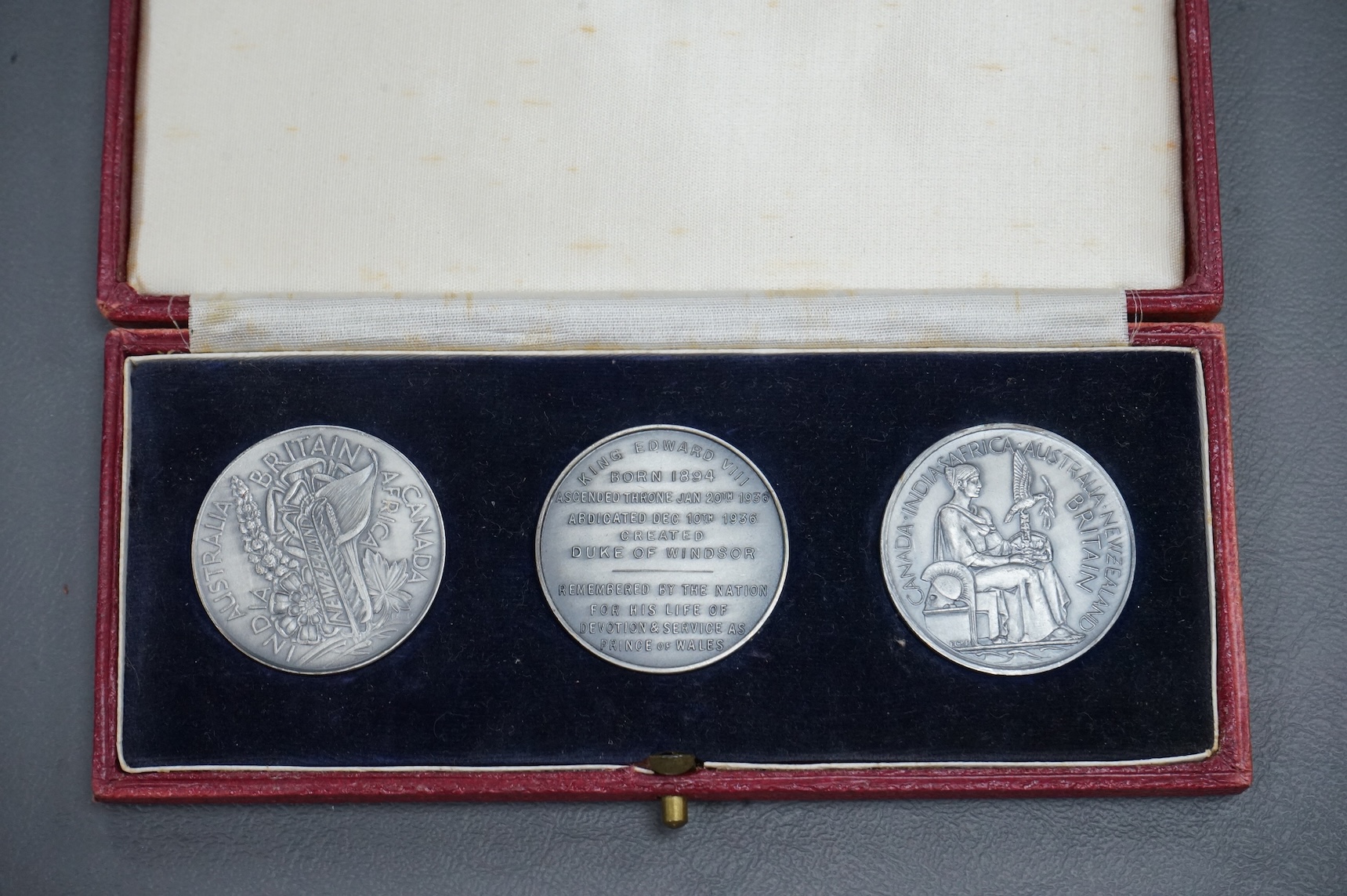 British Royal commemorative Medals, a set of three fantasy medals commemorating the silver jubilee of George V and Mary, coronation of Edward VIII and coronation of George VI and Elizabeth, cased
